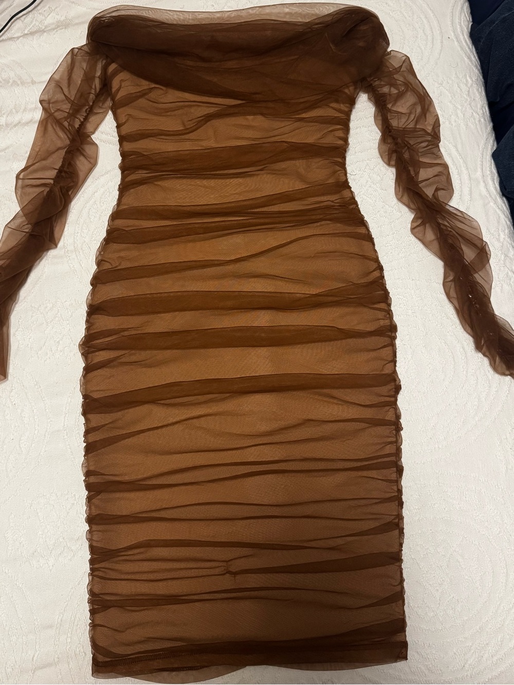 Fashion Nova Brown Off-Shoulder Sheer Ruched Midi Dress